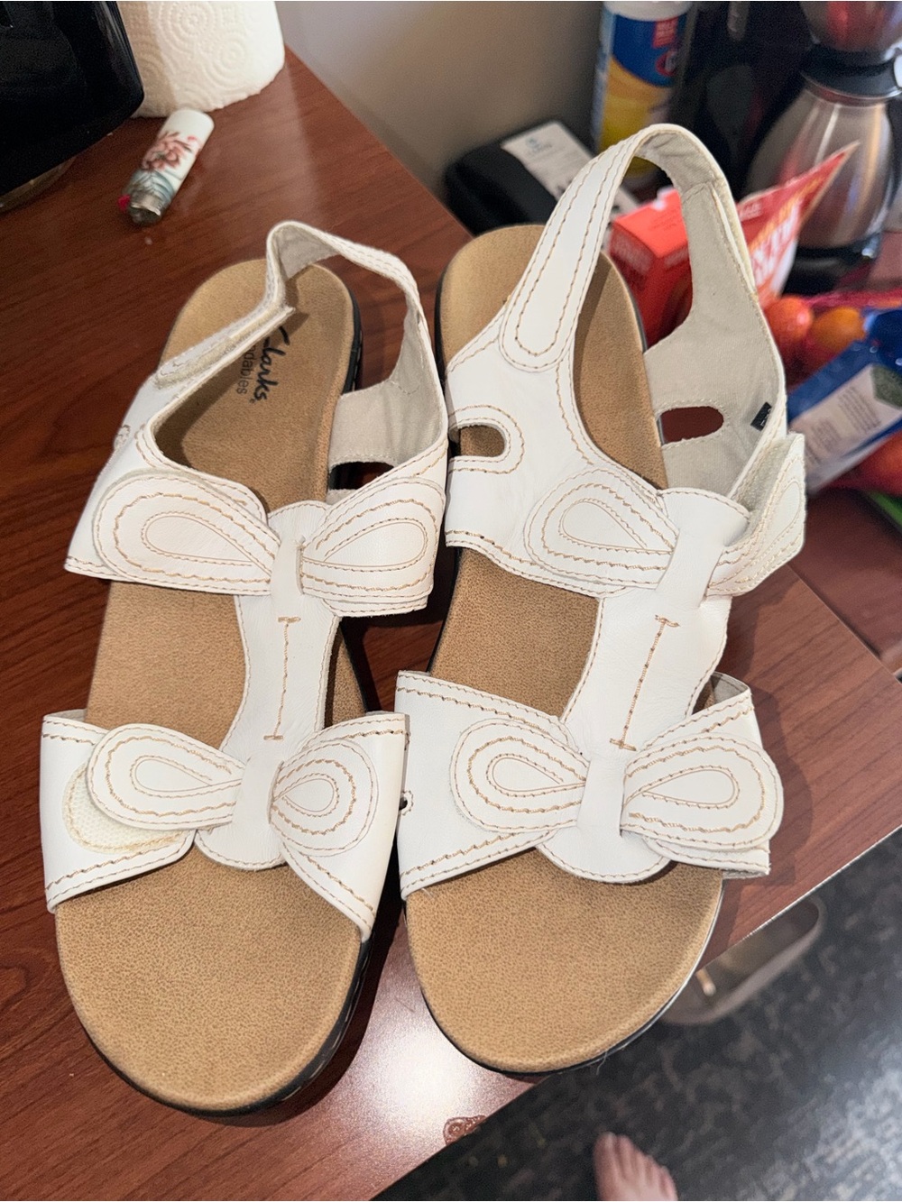 Clarks White Leather Bow Slingback Sandals for Women